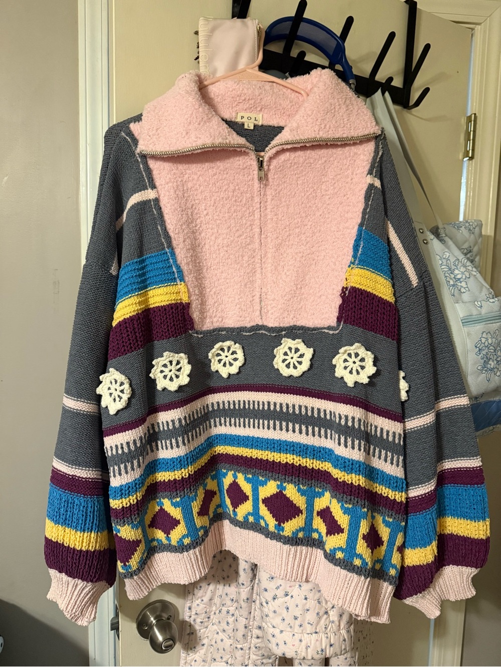 POL Pink & Gray Mixed-Stripe Zip Pullover with Crochet Accents
